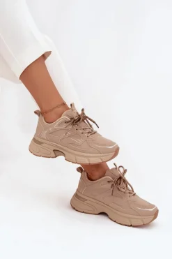 Buty Sportowe Sneakersy Damskie Z Podwójnym Sznurowaniem Beżowe Annelie