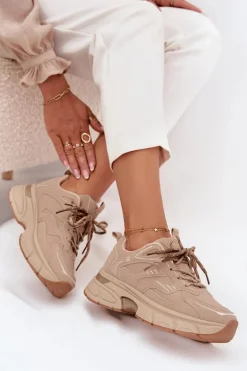 Buty Sportowe Sneakersy Damskie Z Podwójnym Sznurowaniem Beżowe Annelie