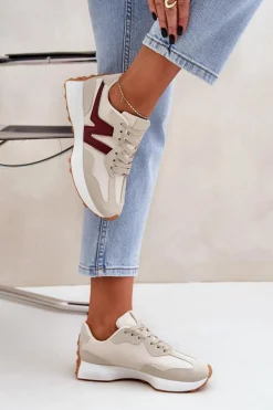 Buty Sportowe Sneakersy Damskie Beżowo-Bordowe Britma
