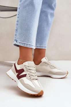 Buty Sportowe Sneakersy Damskie Beżowo-Bordowe Britma