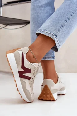 Buty Sportowe Sneakersy Damskie Beżowo-Bordowe Britma