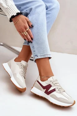 Buty Sportowe Sneakersy Damskie Beżowo-Bordowe Britma