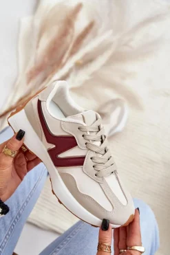 Buty Sportowe Sneakersy Damskie Beżowo-Bordowe Britma