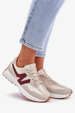 Buty Sportowe Sneakersy Damskie Beżowo-Bordowe Britma