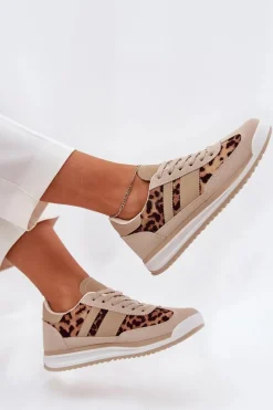 Buty Sportowe Sneakersy Damskie Panterka Beżowo-Brązowe Galabis