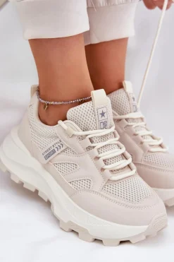 Buty Sportowe Sneakersy Damskie Na Grubej Podeszwie Beżowe Prononice