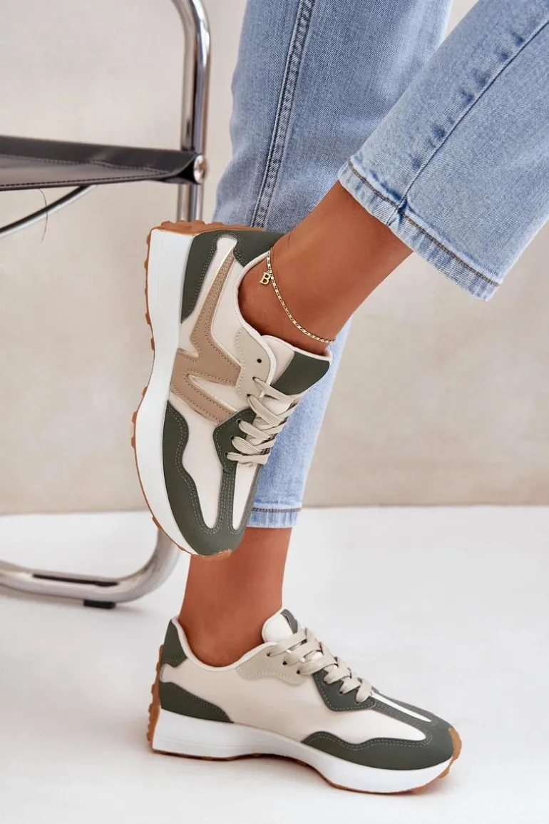 Buty Sportowe Sneakersy Damskie Beżowo-Zielone Britma