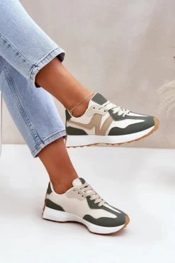Buty Sportowe Sneakersy Damskie Beżowo-Zielone Britma