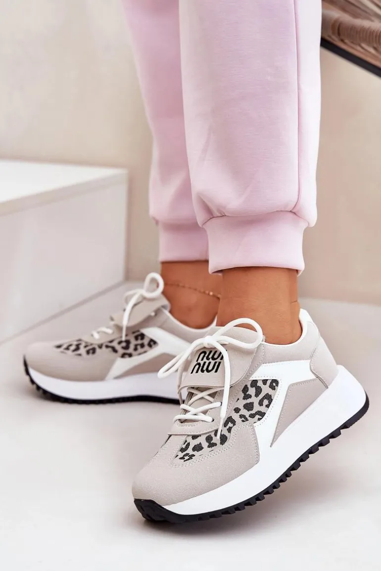 Buty Sportowe Sneakersy Damskie Na Platformie Panterka Biało-Beżowe Pumbes