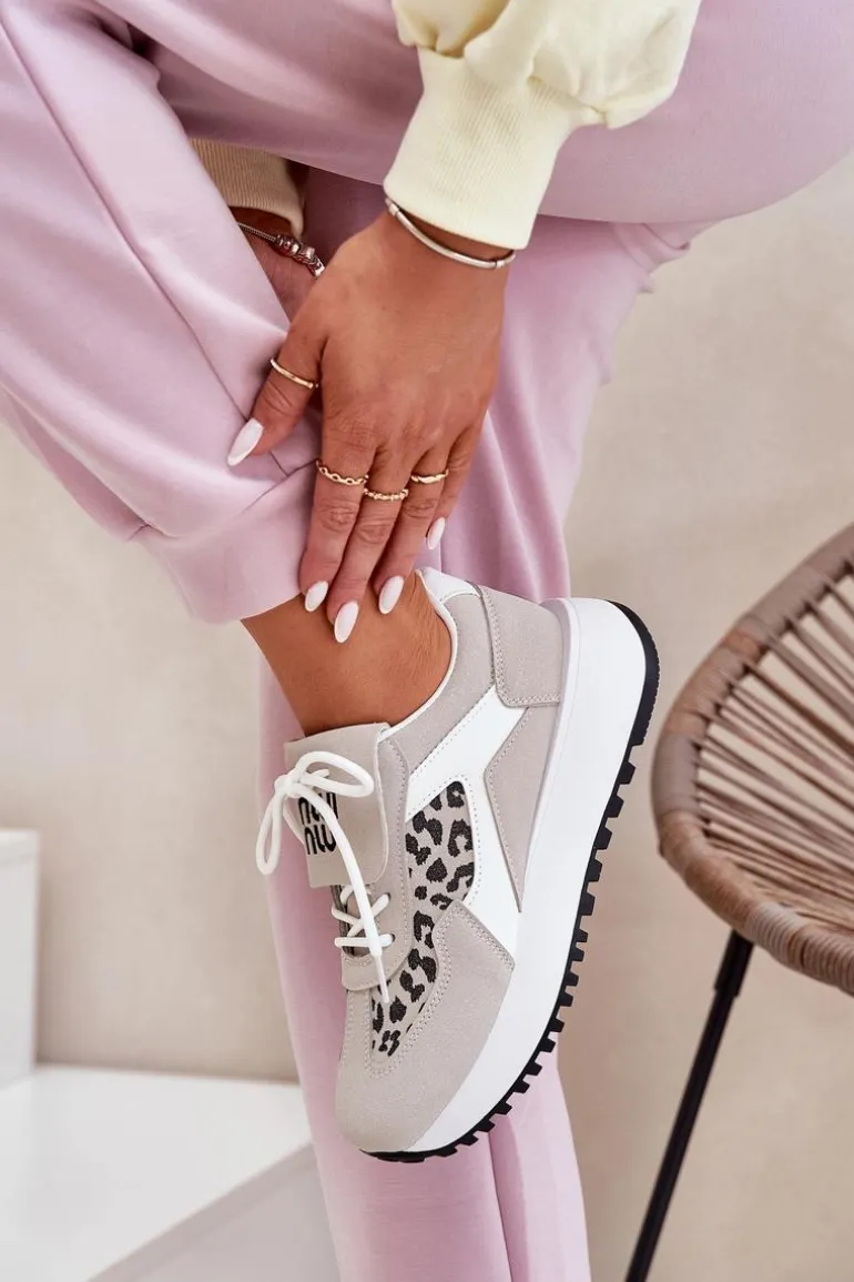 Buty Sportowe Sneakersy Damskie Na Platformie Panterka Biało-Beżowe Pumbes