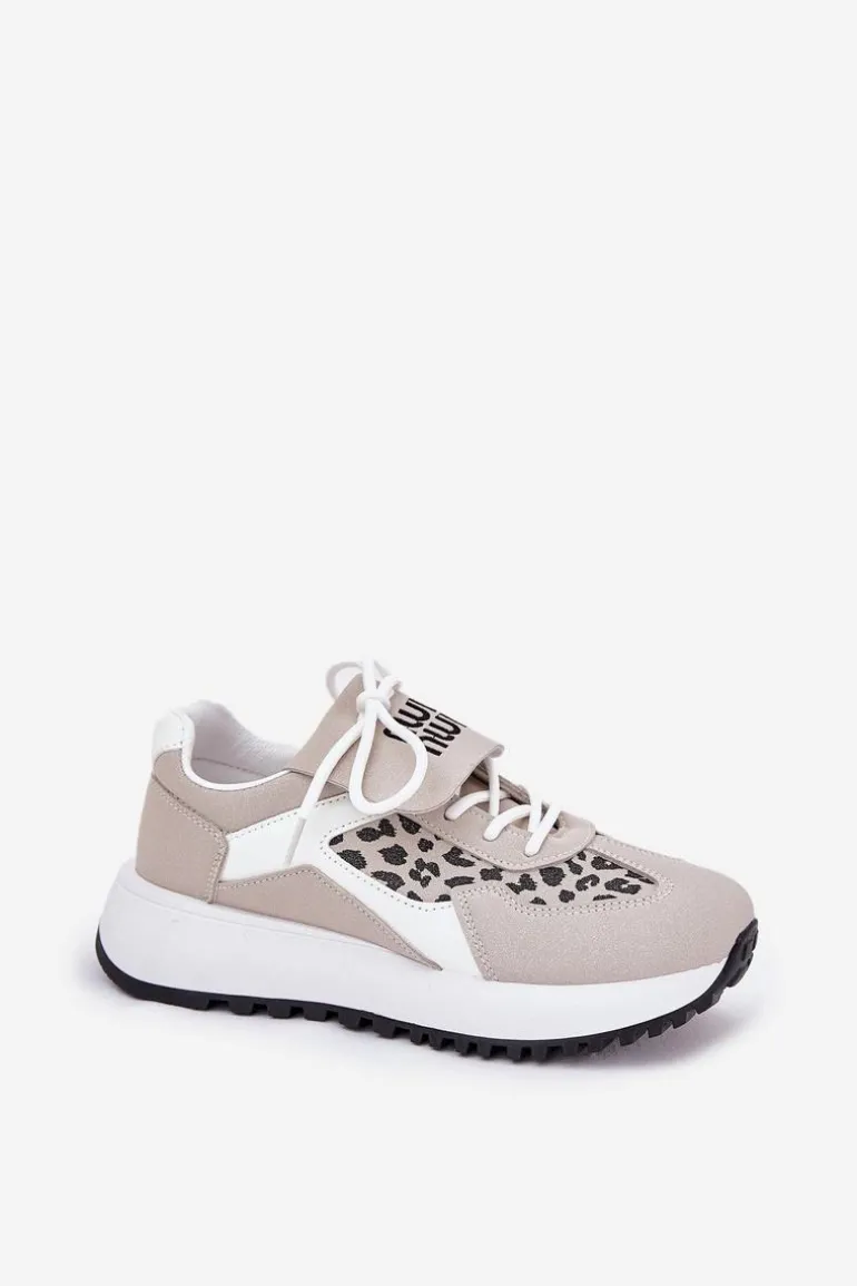 Buty Sportowe Sneakersy Damskie Na Platformie Panterka Biało-Beżowe Pumbes
