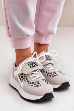 Buty Sportowe Sneakersy Damskie Na Platformie Panterka Biało-Beżowe Pumbes