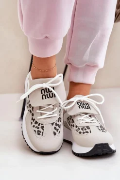 Buty Sportowe Sneakersy Damskie Na Platformie Panterka Biało-Beżowe Pumbes