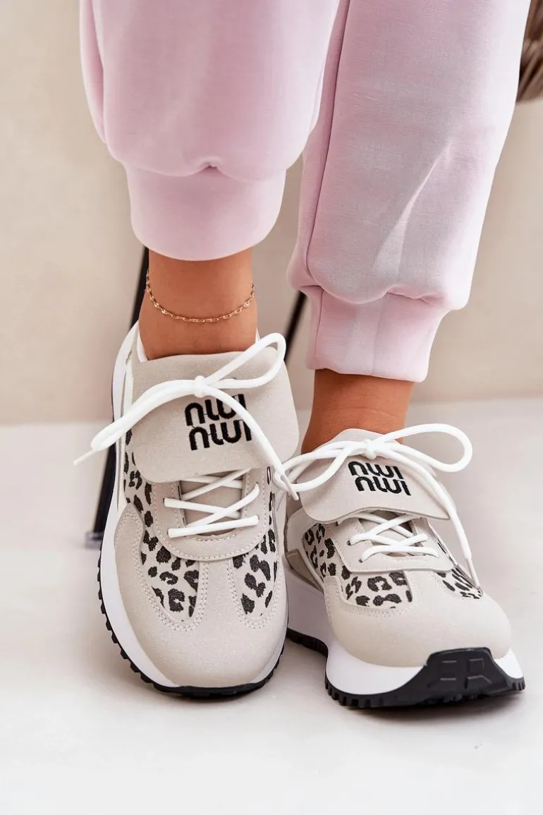Buty Sportowe Sneakersy Damskie Na Platformie Panterka Biało-Beżowe Pumbes