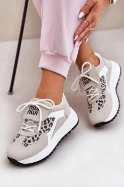 Buty Sportowe Sneakersy Damskie Na Platformie Panterka Biało-Beżowe Pumbes