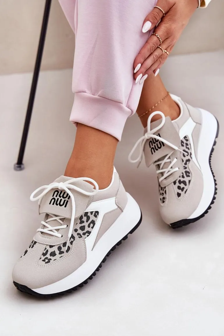 Buty Sportowe Sneakersy Damskie Na Platformie Panterka Biało-Beżowe Pumbes