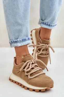 Buty Sportowe Sneakersy Na Platformie Z Eko Zamszu Brązowe Riadella