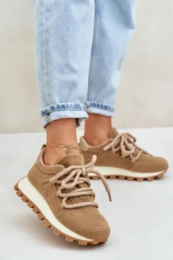 Buty Sportowe Sneakersy Na Platformie Z Eko Zamszu Brązowe Riadella