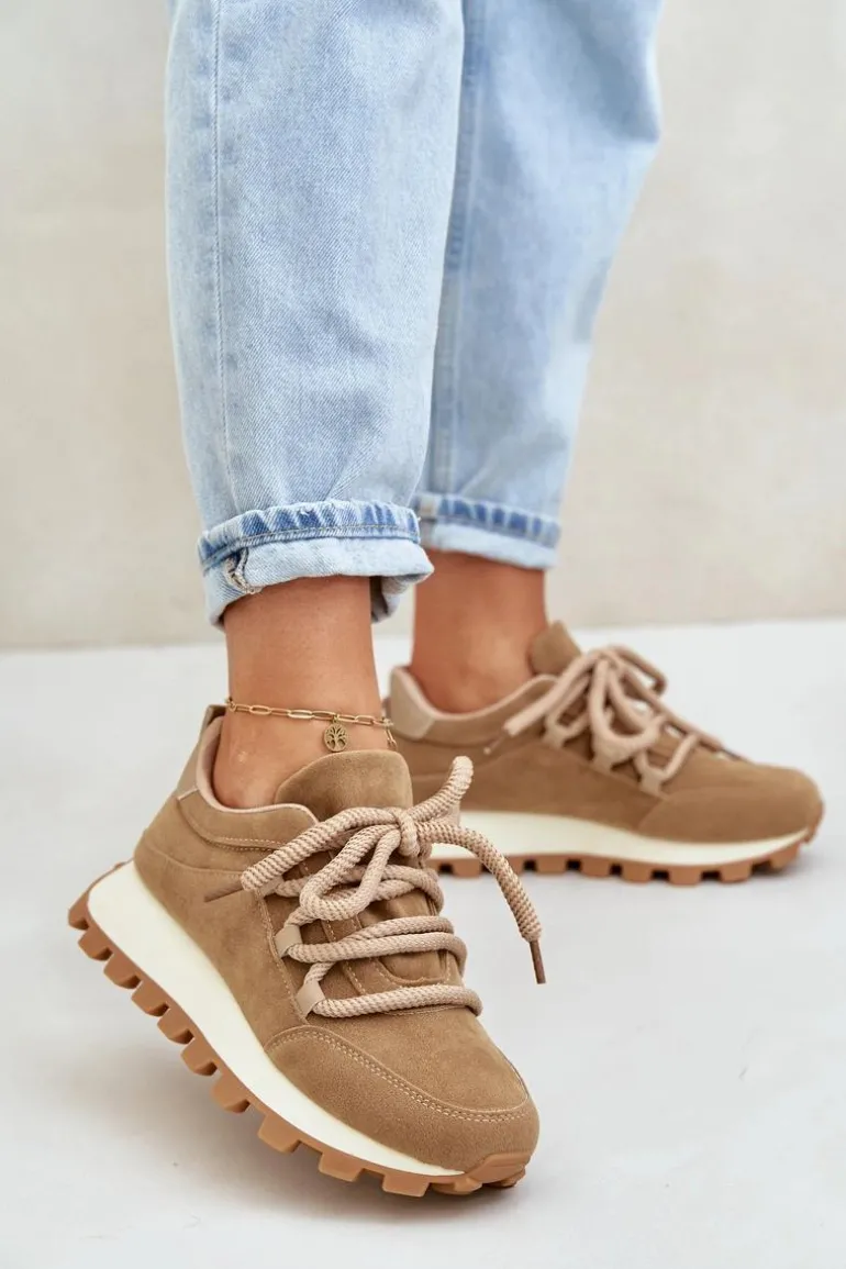 Buty Sportowe Sneakersy Na Platformie Z Eko Zamszu Brązowe Riadella