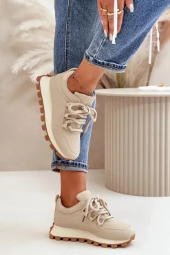 Buty Sportowe Sneakersy Na Platformie Z Eko Skóry Beżowe Riadella