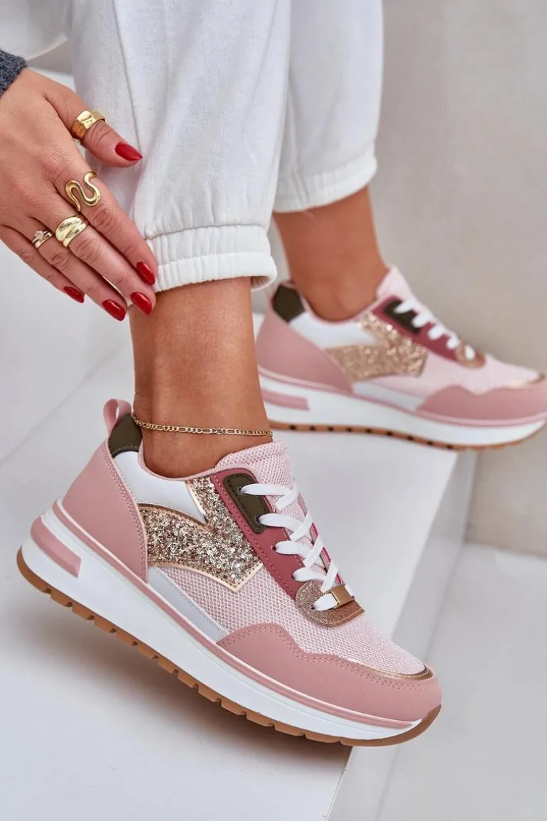 Błyszczące Buty Sportowe Damskie Różowe Leesema