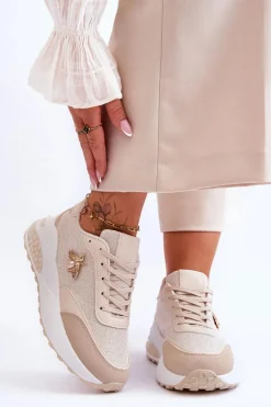 Błyszczące Buty Sportowe Z Ozdobą Beżowe Seneca