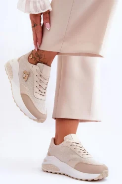 Błyszczące Buty Sportowe Z Ozdobą Beżowe Seneca