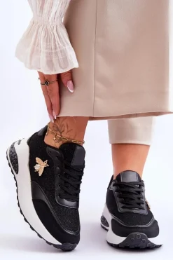 Błyszczące Buty Sportowe Z Ozdobą Czarne Seneca