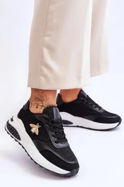 Błyszczące Buty Sportowe Z Ozdobą Czarne Seneca