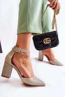 Błyszczące Czółenka Na Słupku Złote Amira