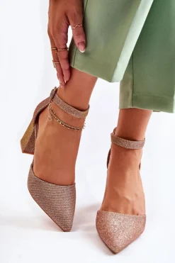 Błyszczące Czółenka Na Słupku Ciemnozłote Amira