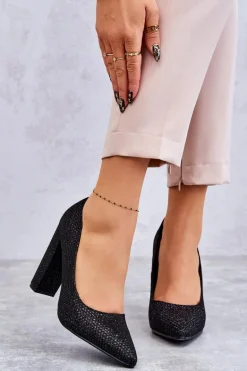 Błyszczące Czółenka Na Słupku Czarne Elmira