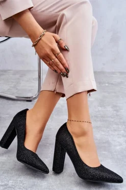 Błyszczące Czółenka Na Słupku Czarne Elmira