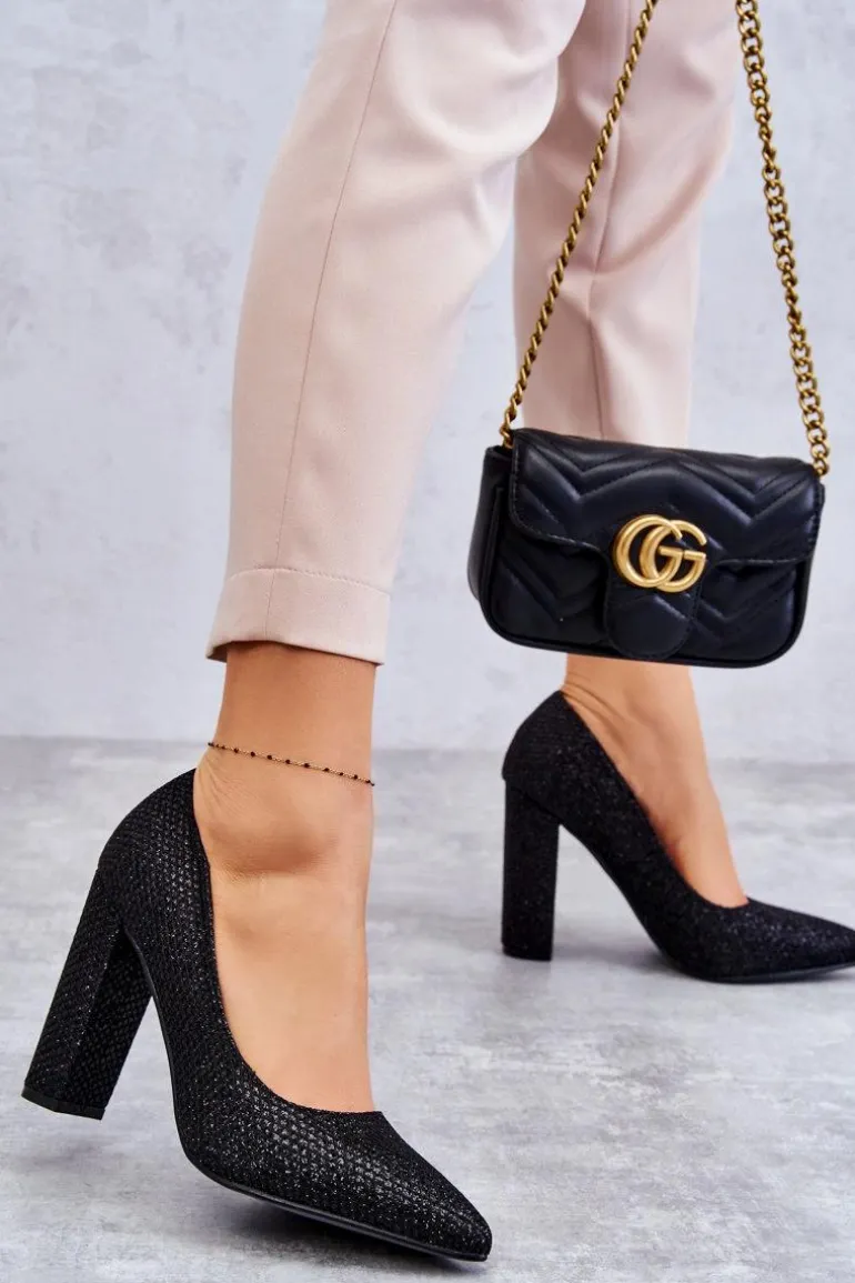 Błyszczące Czółenka Na Słupku Czarne Elmira