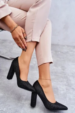 Błyszczące Czółenka Na Słupku Czarne Elmira