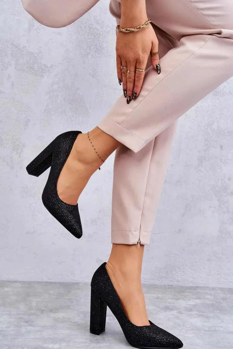 Błyszczące Czółenka Na Słupku Czarne Elmira