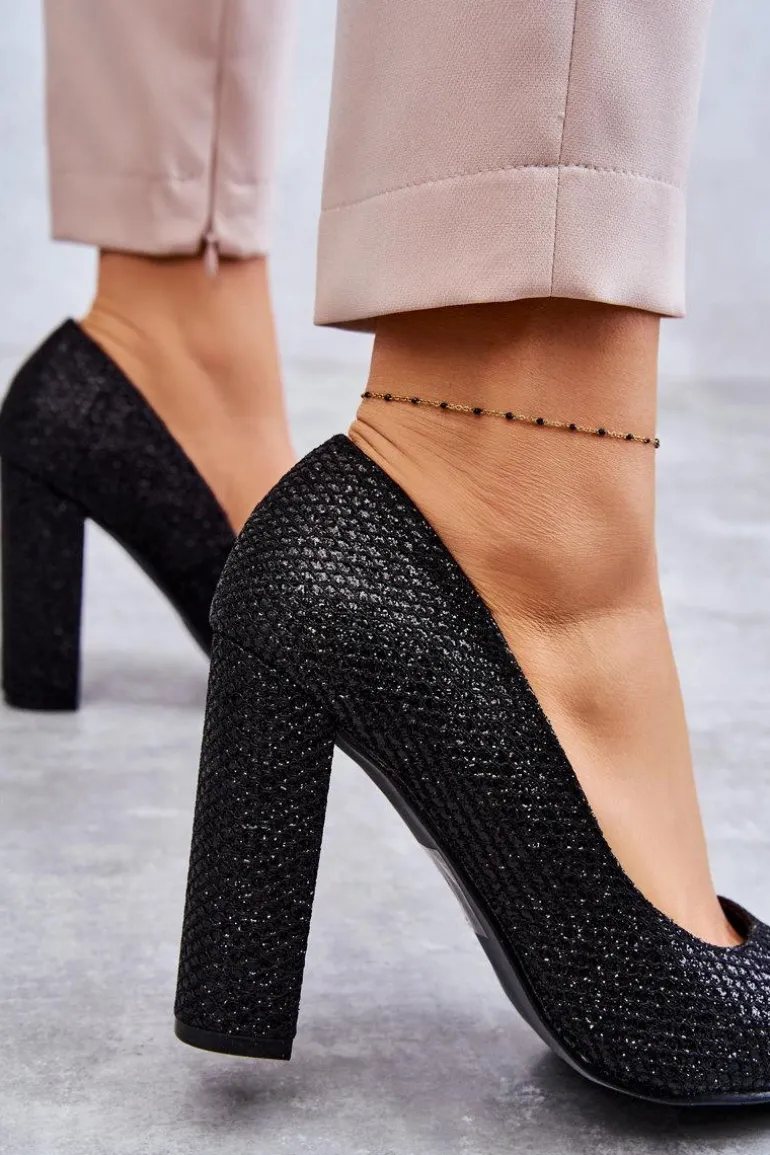 Błyszczące Czółenka Na Słupku Czarne Elmira