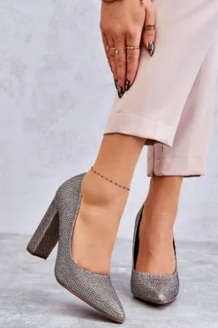 Błyszczące Czółenka Na Słupku Srebrno-Złote Elmira