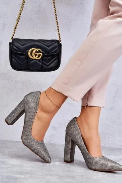 Błyszczące Czółenka Na Słupku Srebrno-Złote Elmira