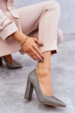 Błyszczące Czółenka Na Słupku Srebrno-Złote Elmira