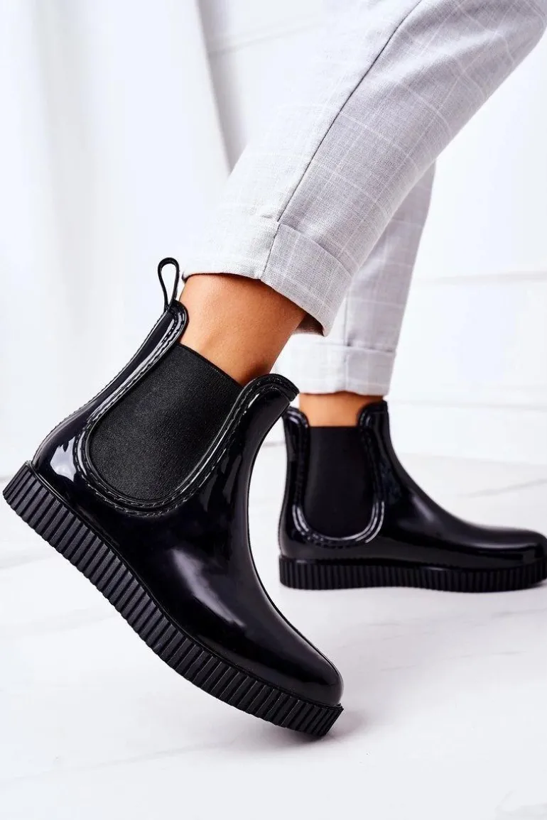 Błyszczące Kalosze Na Platformie Czarne Waterfall
