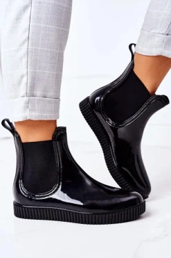 Błyszczące Kalosze Na Platformie Czarne Waterfall