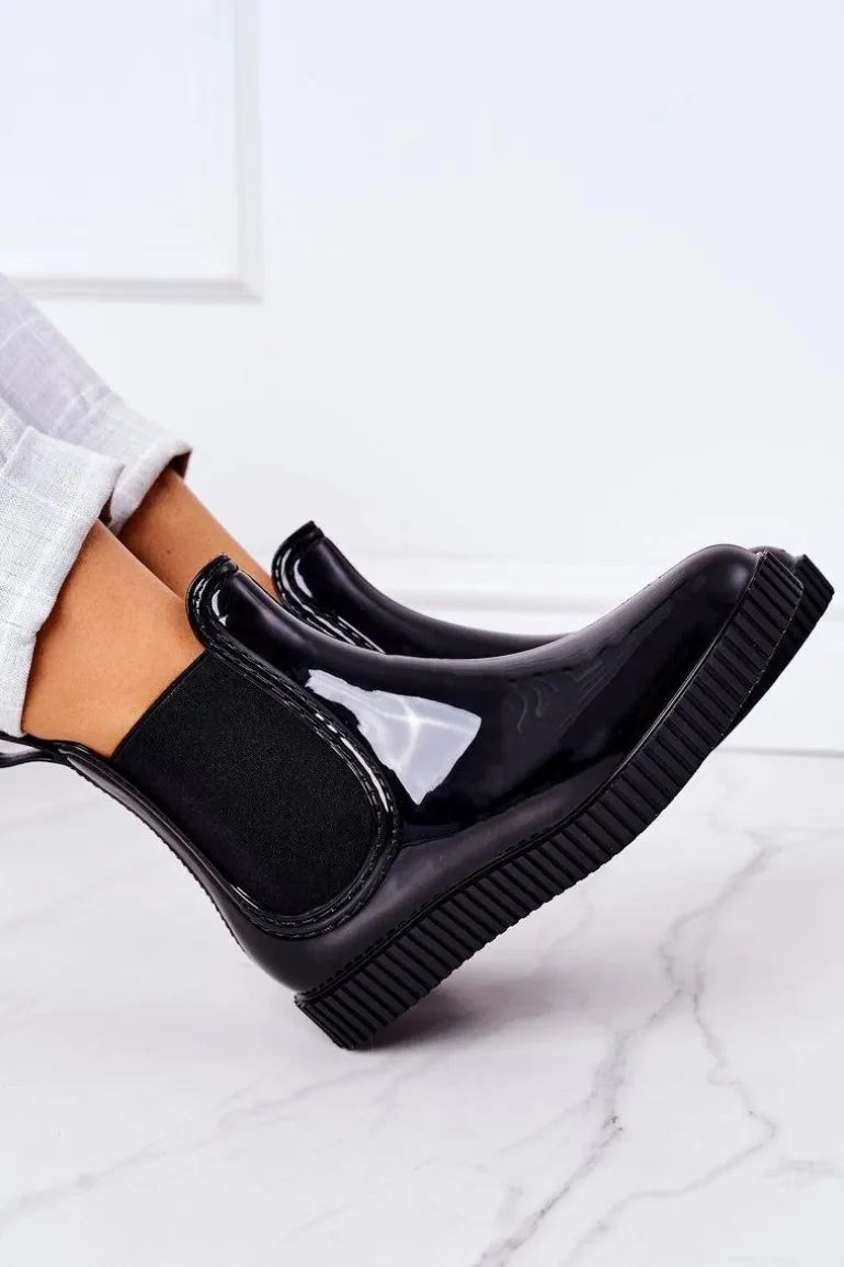 Błyszczące Kalosze Na Platformie Czarne Waterfall