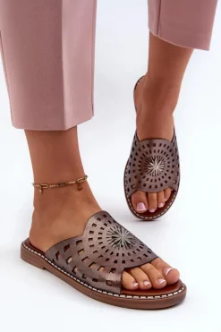 Błyszczące Klapki Damskie Na Płaskim Obcasie Z Ozdobą Miedziane Ebirena