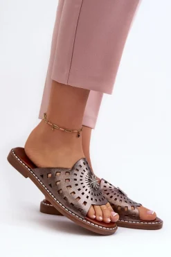 Błyszczące Klapki Damskie Na Płaskim Obcasie Z Ozdobą Miedziane Ebirena