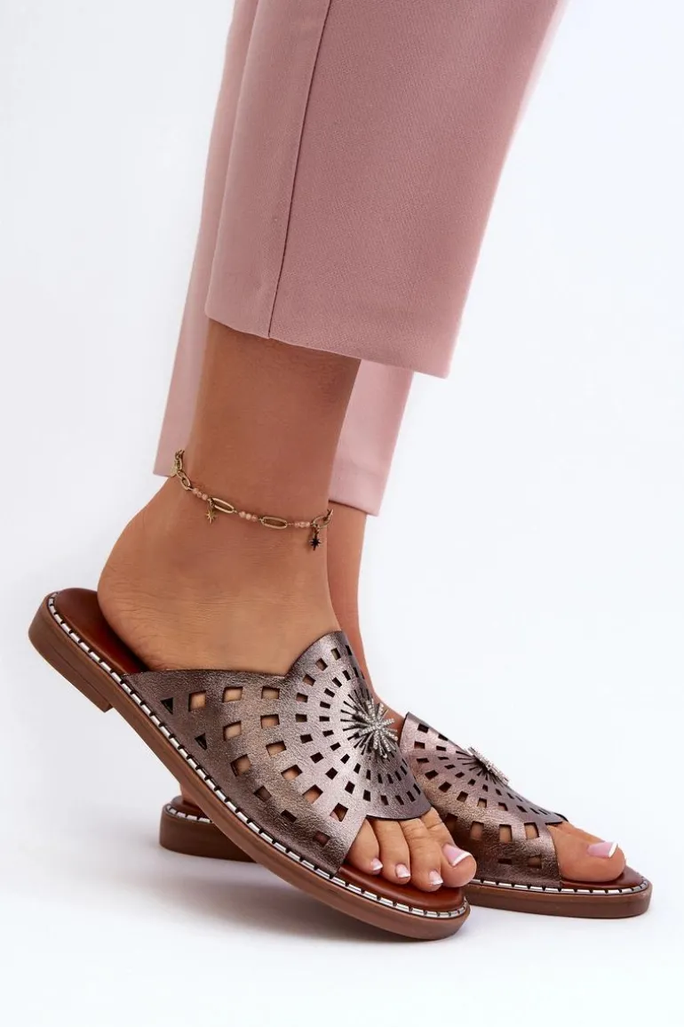 Błyszczące Klapki Damskie Na Płaskim Obcasie Z Ozdobą Miedziane Ebirena