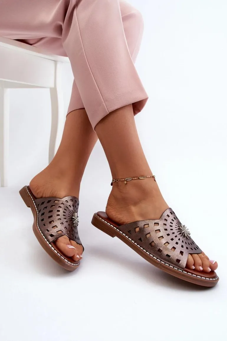 Błyszczące Klapki Damskie Na Płaskim Obcasie Z Ozdobą Miedziane Ebirena