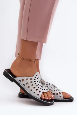 Błyszczące Klapki Damskie Na Płaskim Obcasie Z Ozdobą Srebrne Ebirena