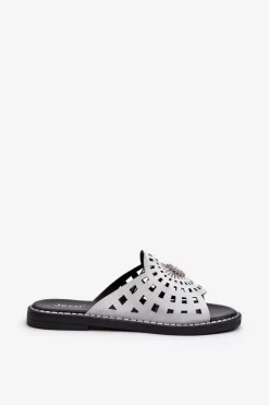 Błyszczące Klapki Damskie Na Płaskim Obcasie Z Ozdobą Srebrne Ebirena