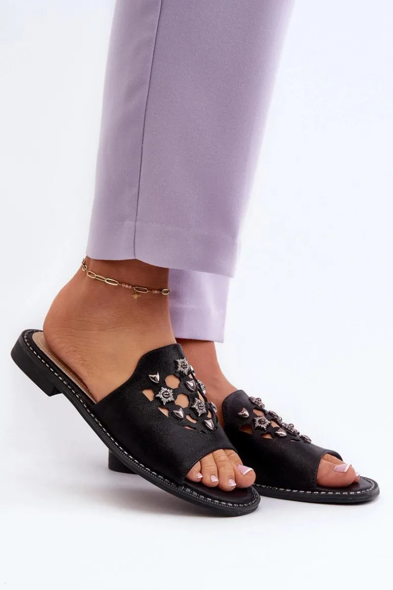 Błyszczące Klapki Damskie Z Ozdobami S.Barski KV27-063 Czarne